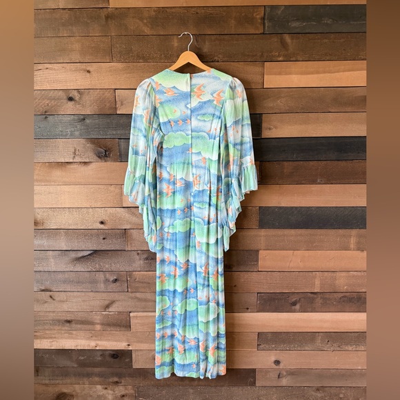 Vintage 70s Bird Print Cloudscape Maxi Dress Boho Flutter Sleeve Empire Waist - Picture 16 of 17
